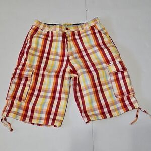 PJ Mark Mens Y2K Plaid Cargo Shorts Red Orange Yellow Multi Color Size 36